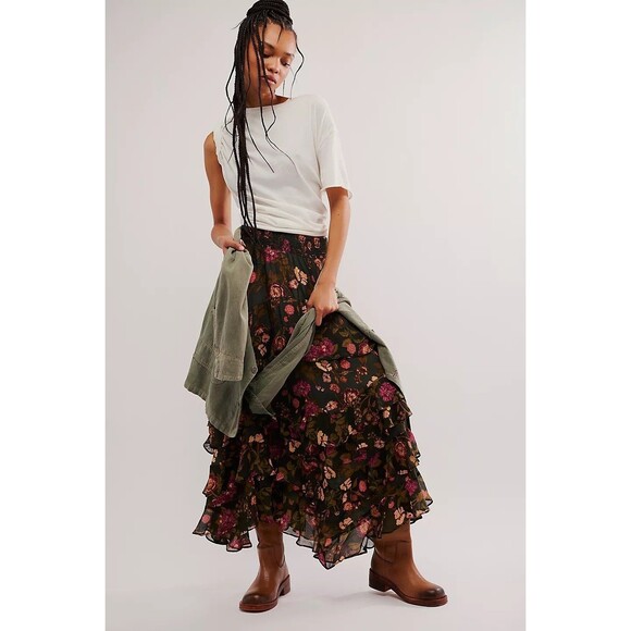 Free People Lolita Maxi Skirt Floral Printed Smocked Tiered Vintage L New 283181 - Picture 1 of 8